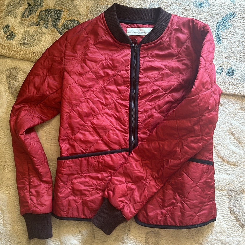 Golden Goose Red Quilted Bomber Jacket with Brown Trim